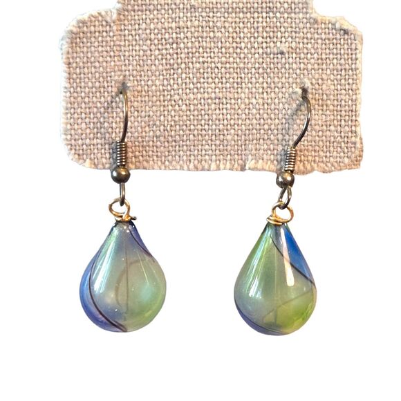 Unmarked Hand-Blown Blue & Green Swirl Teardrop Art Glass French Hook Earrings - Picture 1 of 6